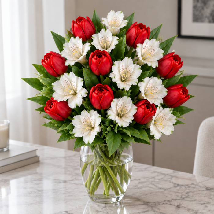 Букет белых альстромерий и красных тюльпанов , фото 2